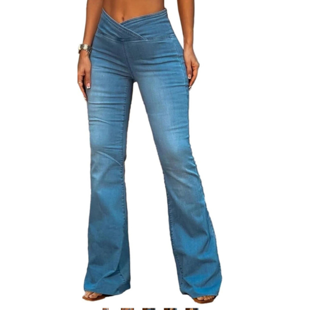Flared Wide Leg High Rise Casual Wash Wrap Denim Jeans S